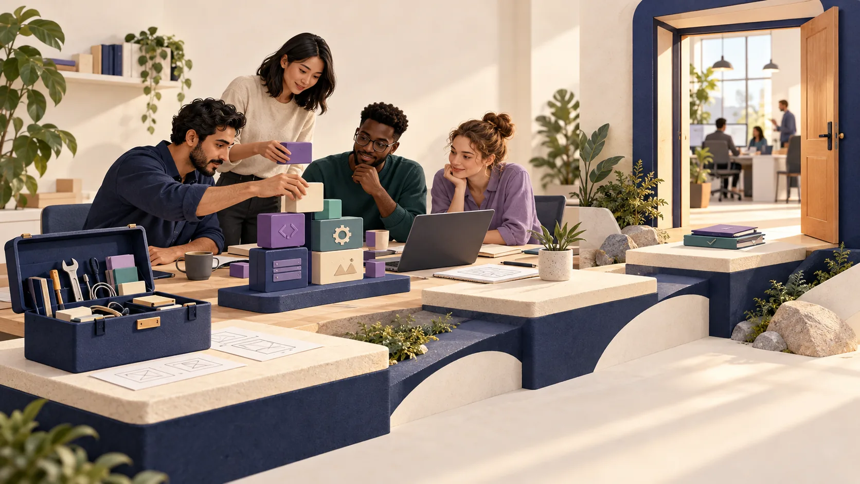 Original ImageGen illustration of professionals developing a tested portfolio project. The scene illustrates preparation and collaboration; it does not depict actual candidates or promise a placement.