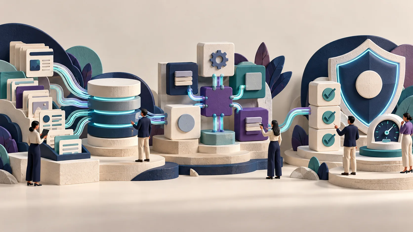 Original ImageGen illustration of data preparation, software integration and reliability checks. These are editorial examples of work involved in enterprise AI, not measured hiring categories.
