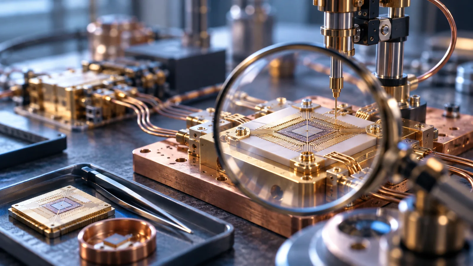 AI-generated conceptual research workbench showing a chip, measurement probe and inspection lens