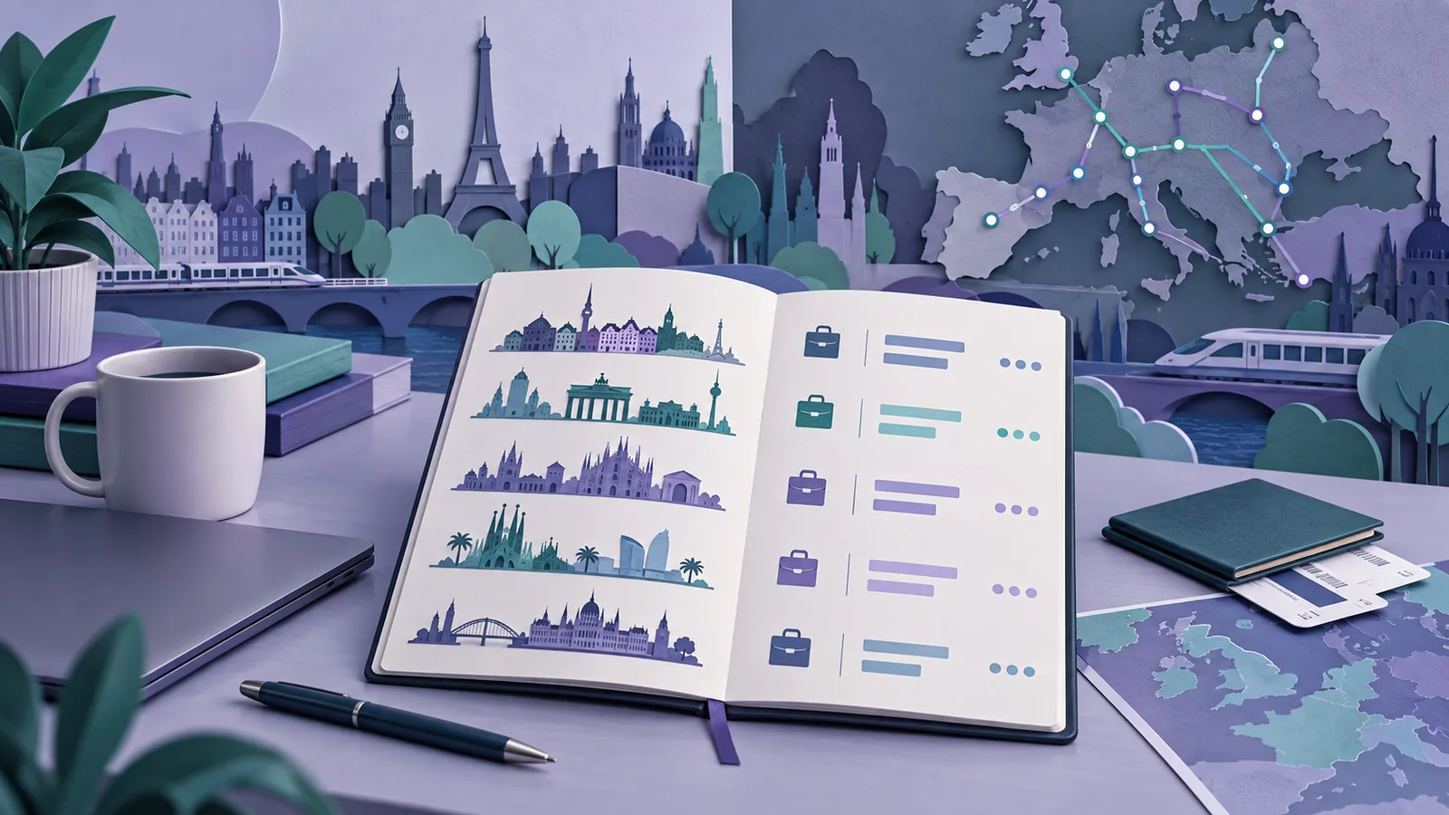 European country comparison notebook beside a map and city skylines