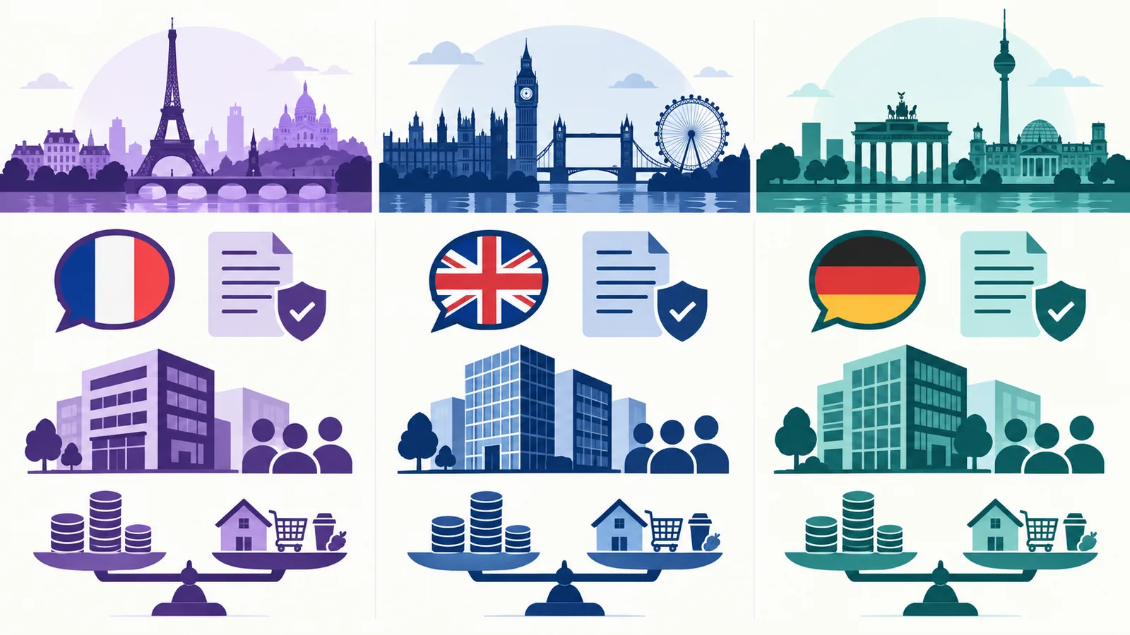 Three-country comparison of language, work rights, employer entity and living-cost trade-offs