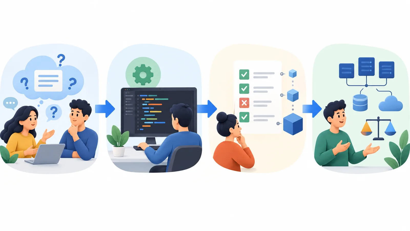 Four-part technical interview preparation map: clarify, code, test and design