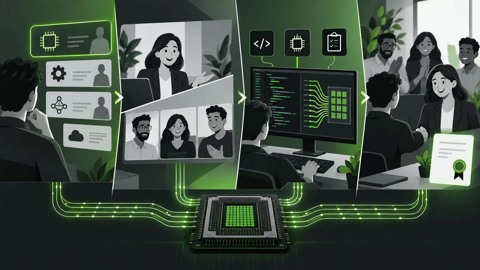 Visual route from NVIDIA role selection through conversations, a technical exercise and final discussion