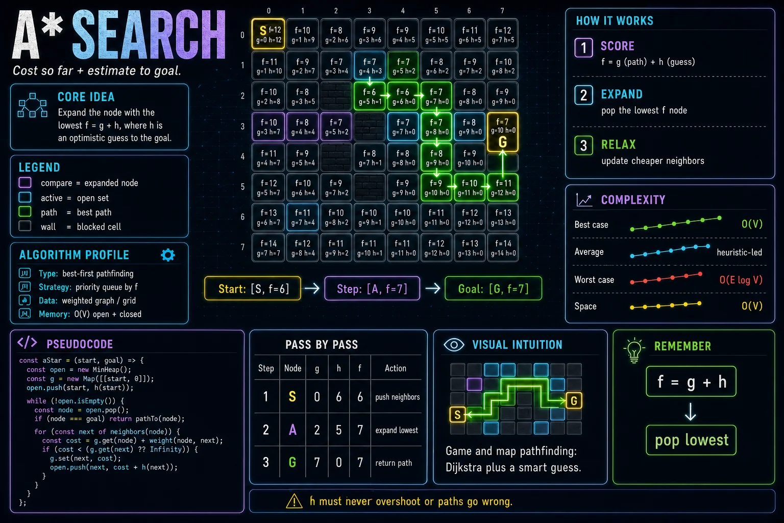 A* Search infographic showing the search space, key decision step, and complexity tradeoff.
