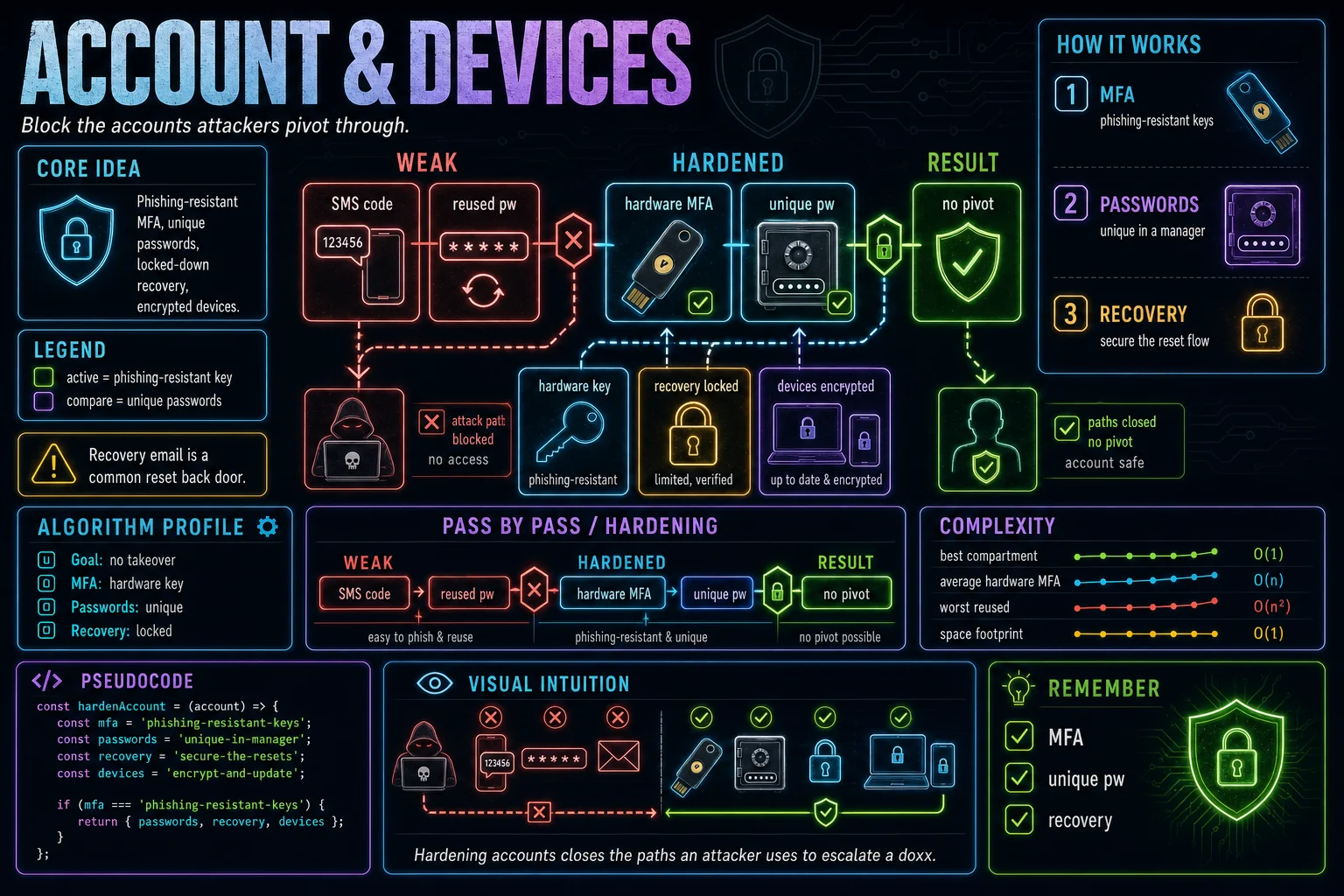 Account & Device Security infographic showing the concept, key steps, and tradeoffs.