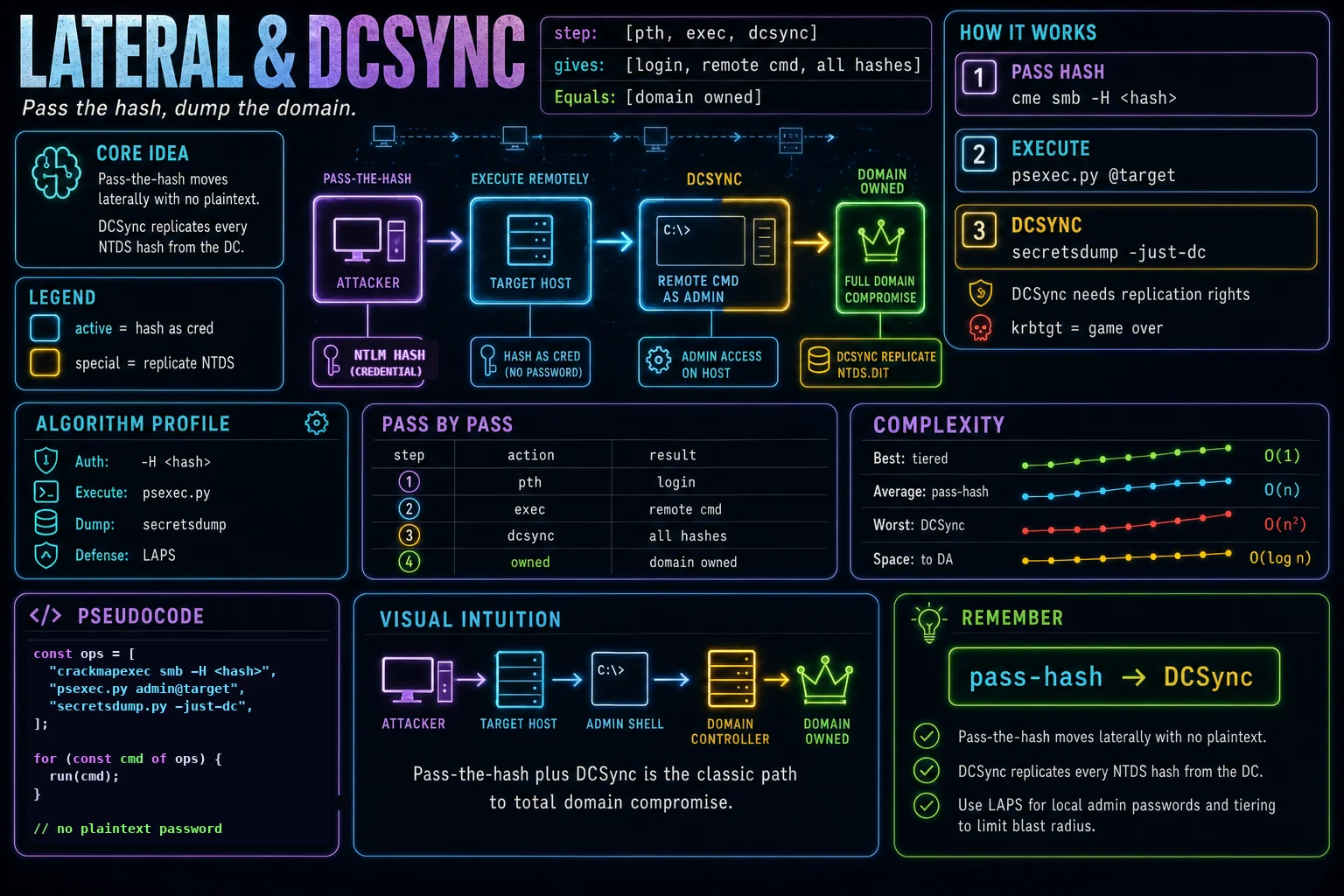 Lateral Movement & DCSync infographic showing the concept, key steps, and tradeoffs.