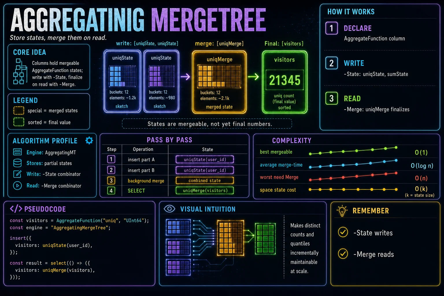AggregatingMergeTree infographic showing the ClickHouse concept, key steps, and tradeoffs.