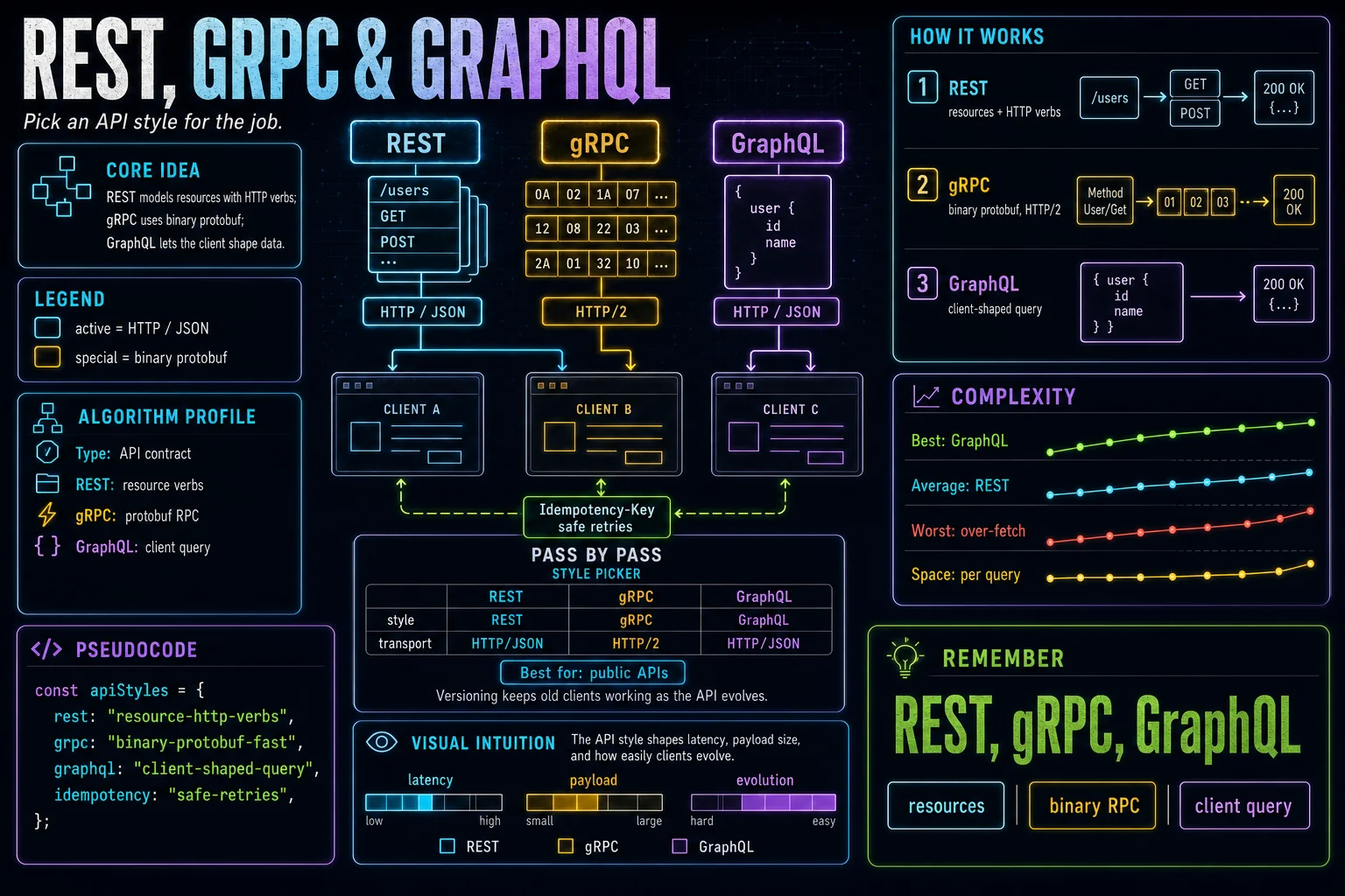 REST, gRPC & GraphQL infographic showing the concept, key steps, and tradeoffs.