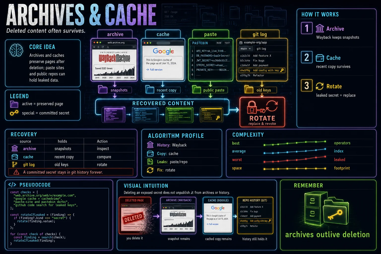 Archives & Cached Data infographic showing the concept, key steps, and tradeoffs.