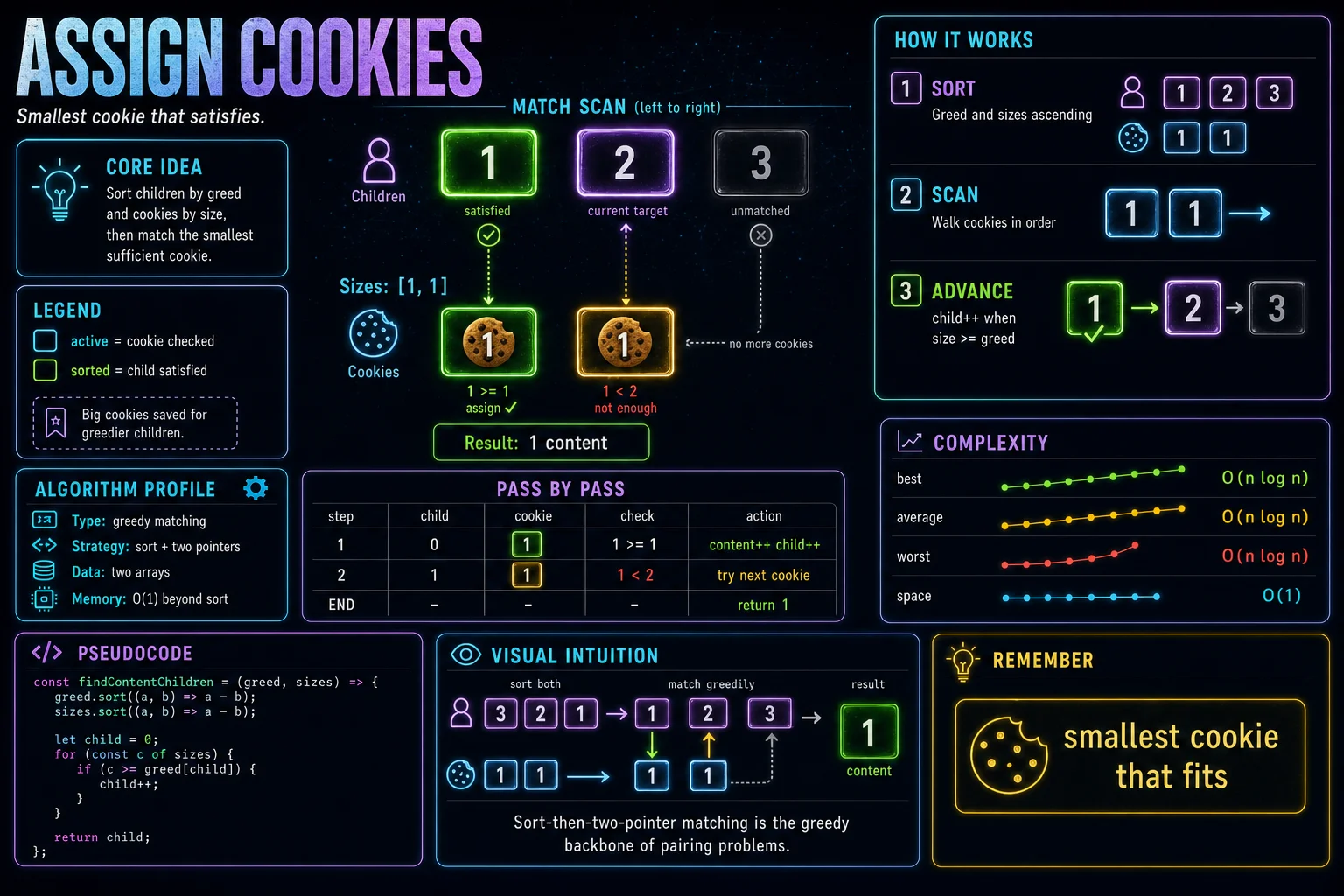 Assign Cookies infographic showing the greedy choice, key steps, and complexity tradeoffs.