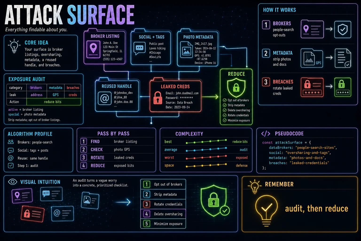 Your Personal Attack Surface infographic showing the concept, key steps, and tradeoffs.