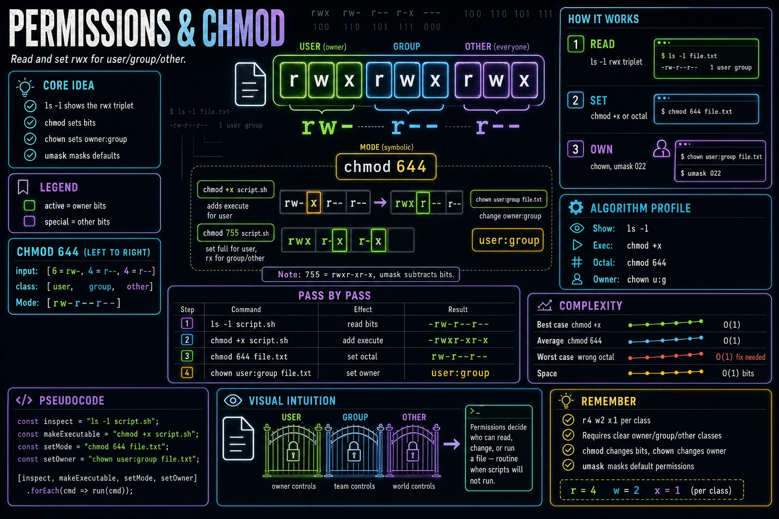 Permissions & chmod infographic showing the concept, key steps, and tradeoffs.