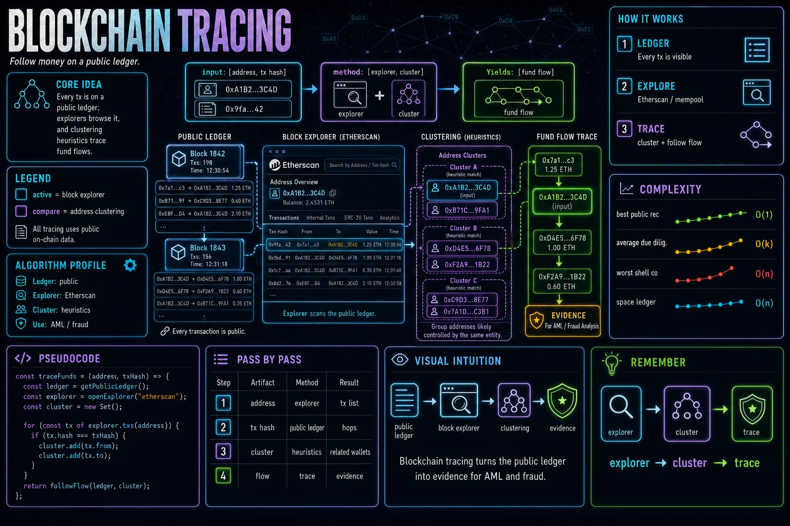 Blockchain Tracing infographic showing the concept, key steps, and tradeoffs.