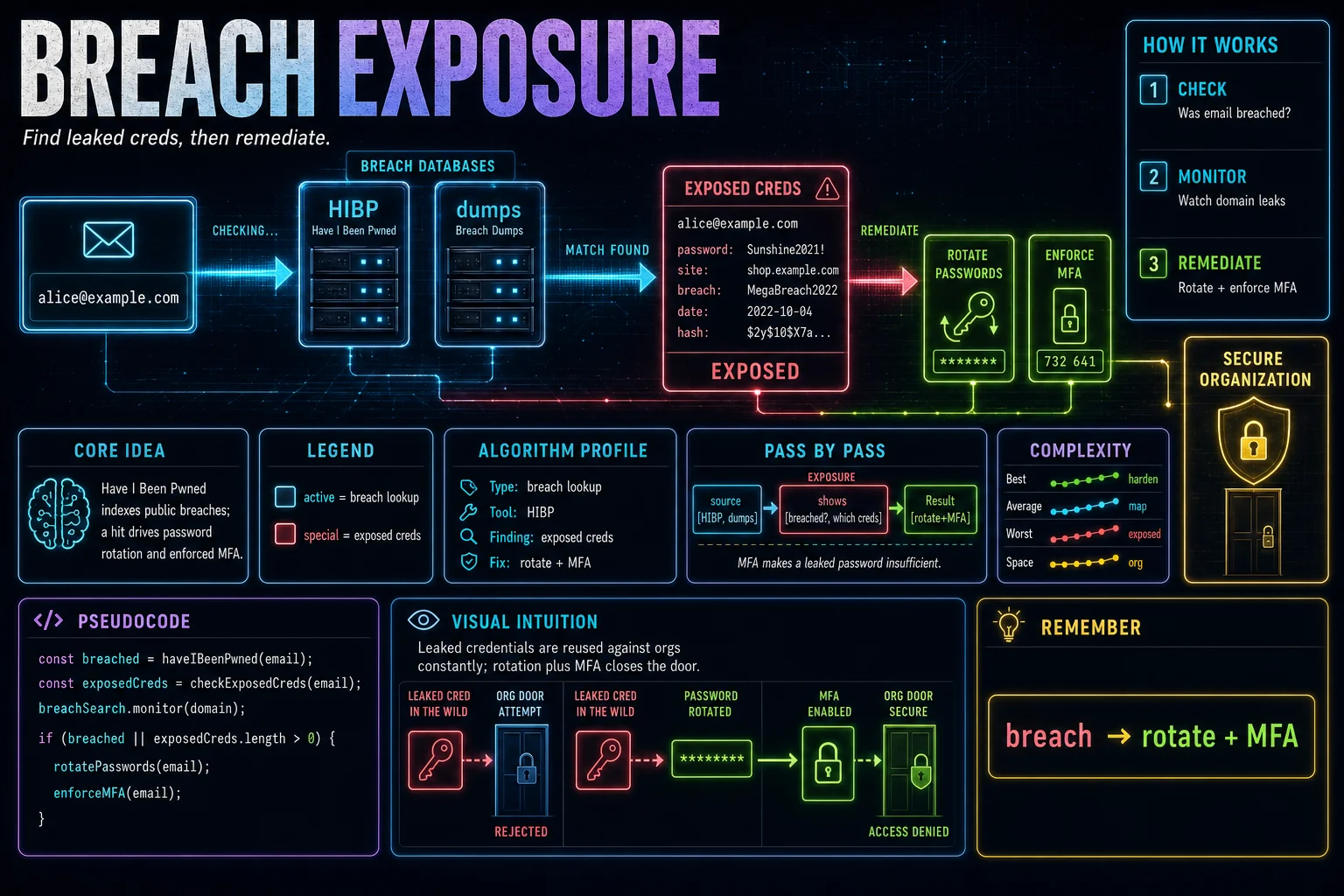 Breach & Credential Exposure infographic showing the concept, key steps, and tradeoffs.