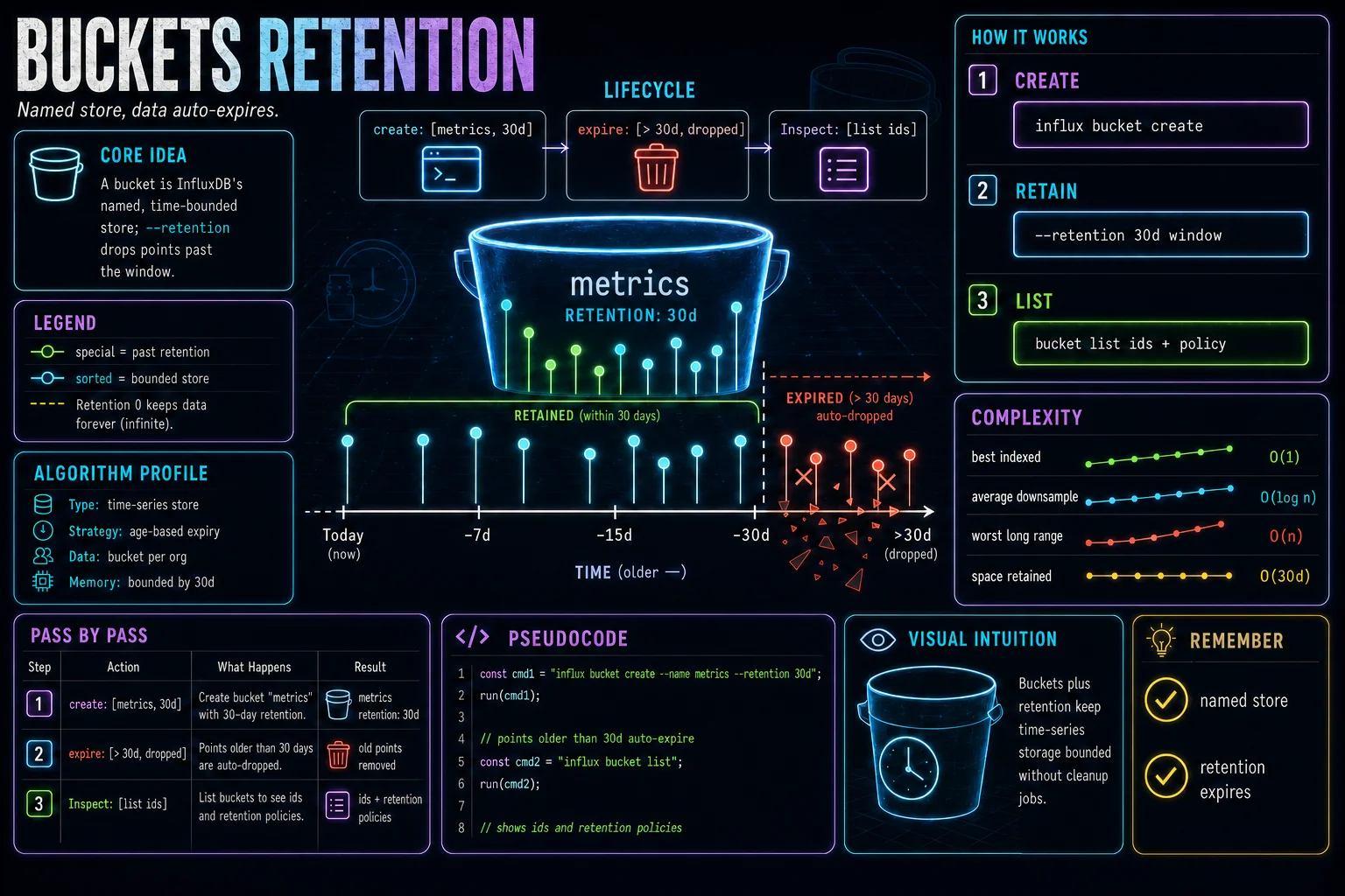 Buckets & Retention infographic showing the concept, key steps, and tradeoffs.