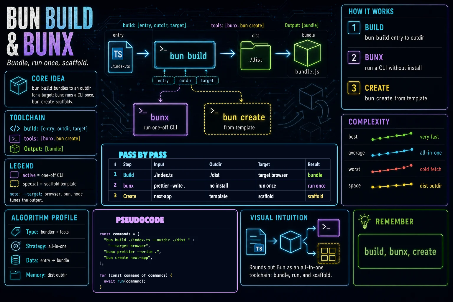 bun build & bunx infographic showing the concept, key steps, and tradeoffs.