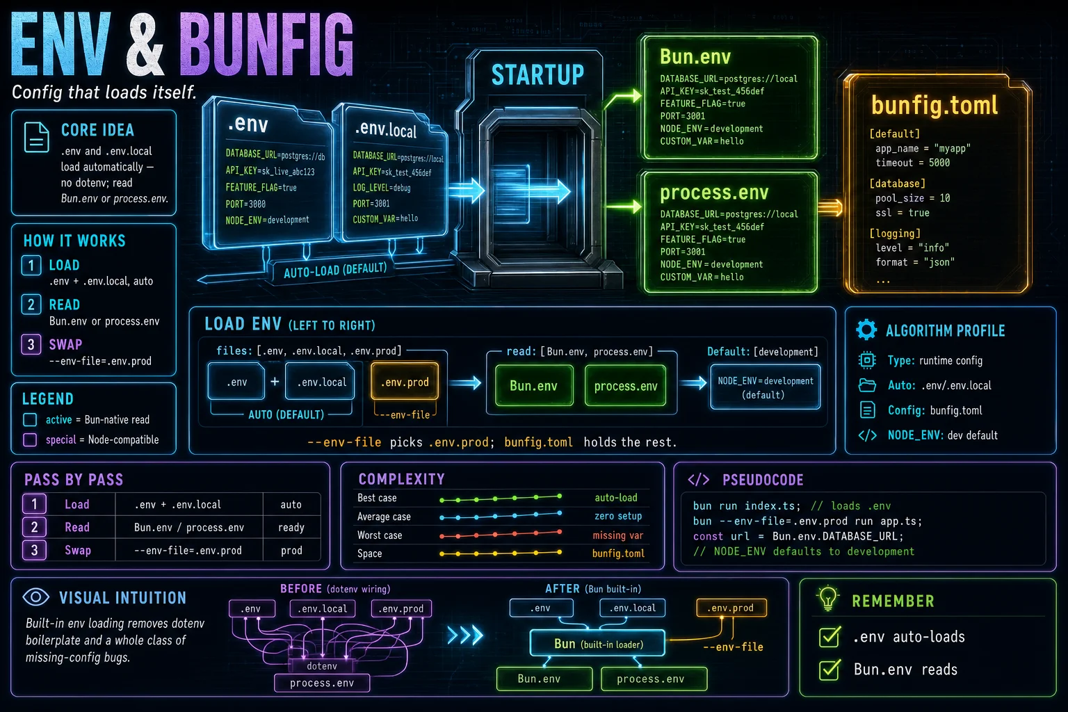 Env & bunfig infographic showing the concept, key steps, and tradeoffs.