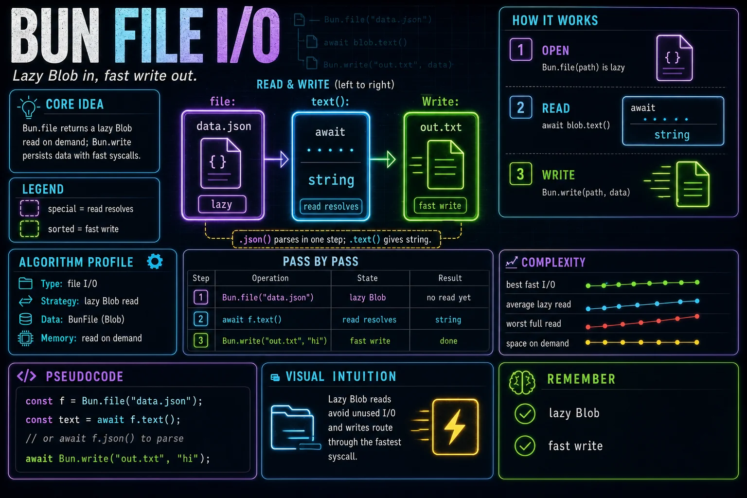 Bun.file & write infographic showing the concept, key steps, and tradeoffs.