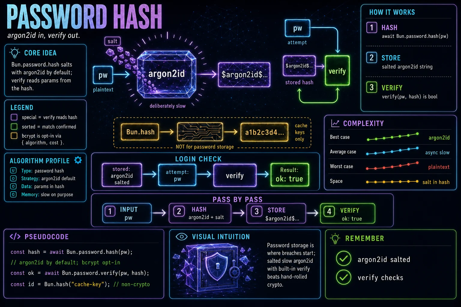 Bun.password & Hashing infographic showing the concept, key steps, and tradeoffs.