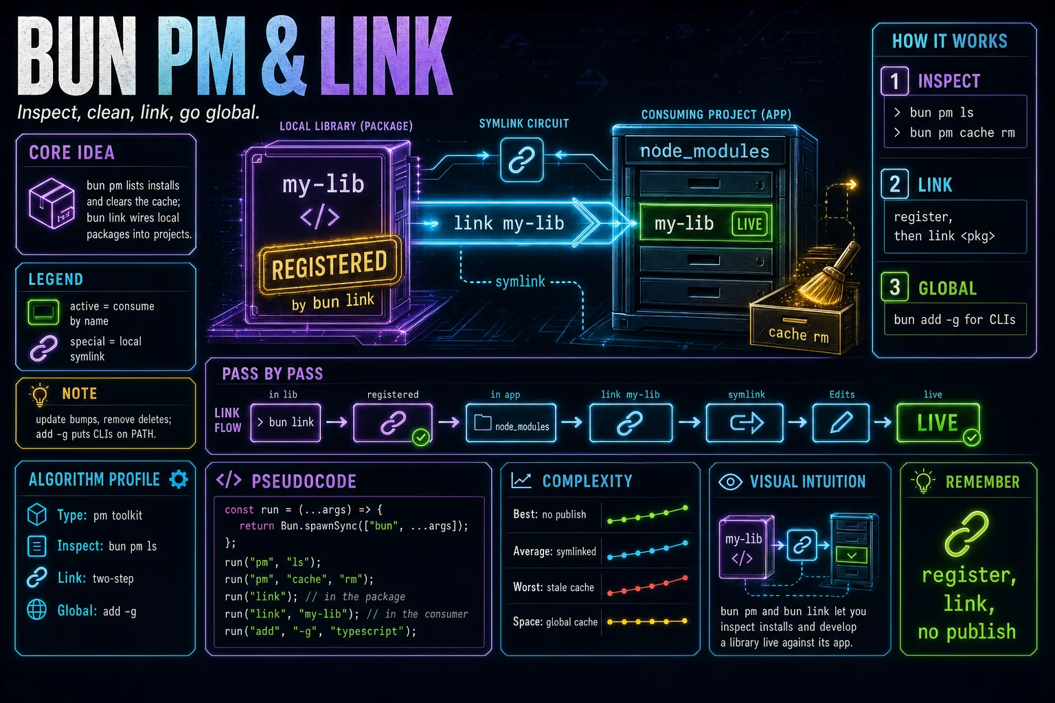 bun pm & Linking infographic showing the concept, key steps, and tradeoffs.