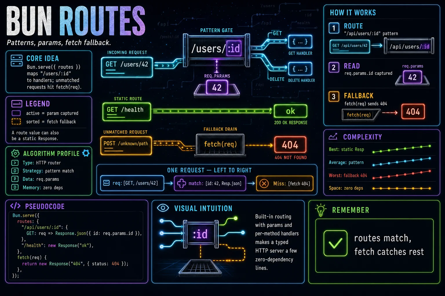 Bun.serve Routes infographic showing the concept, key steps, and tradeoffs.