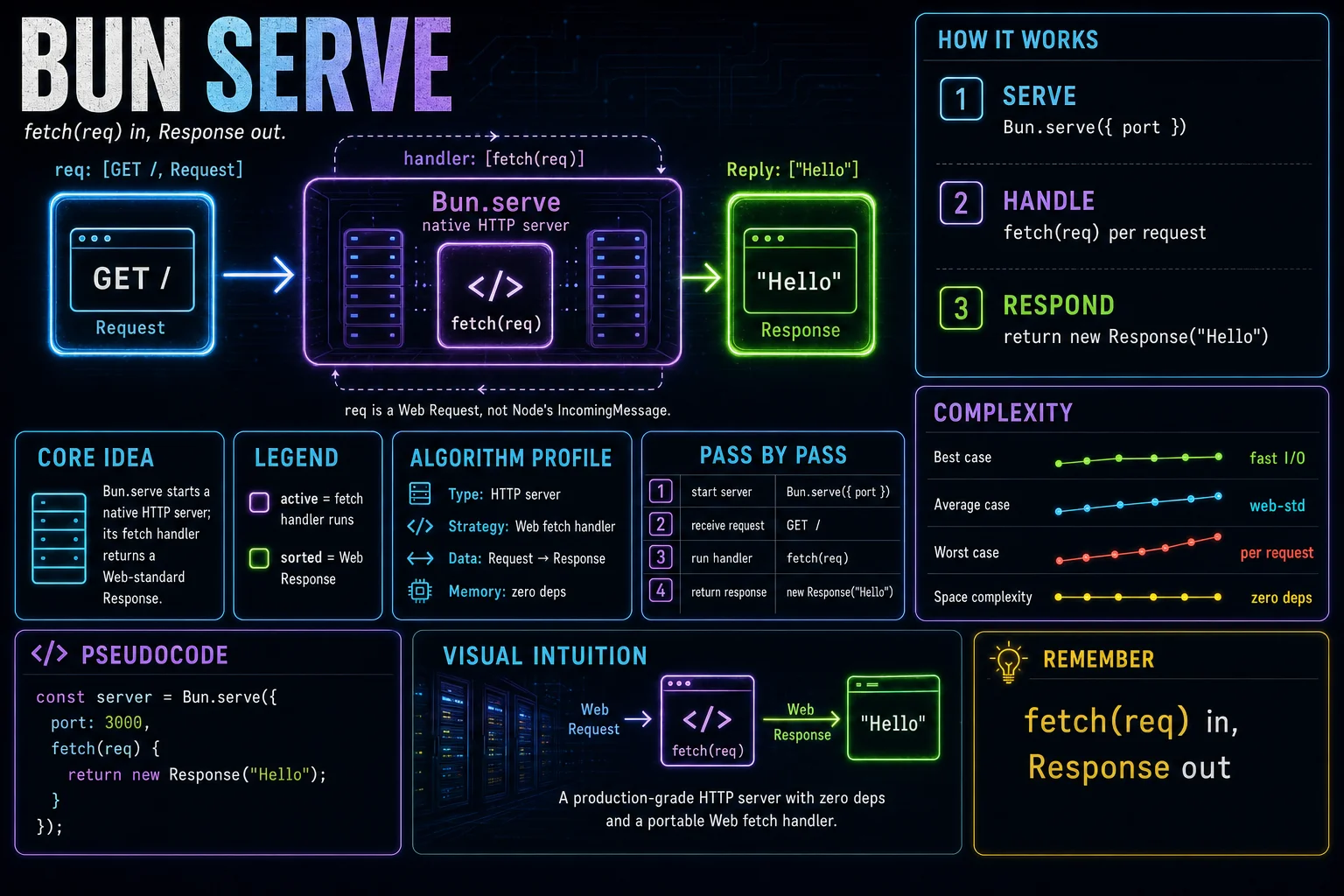 Bun.serve infographic showing the concept, key steps, and tradeoffs.