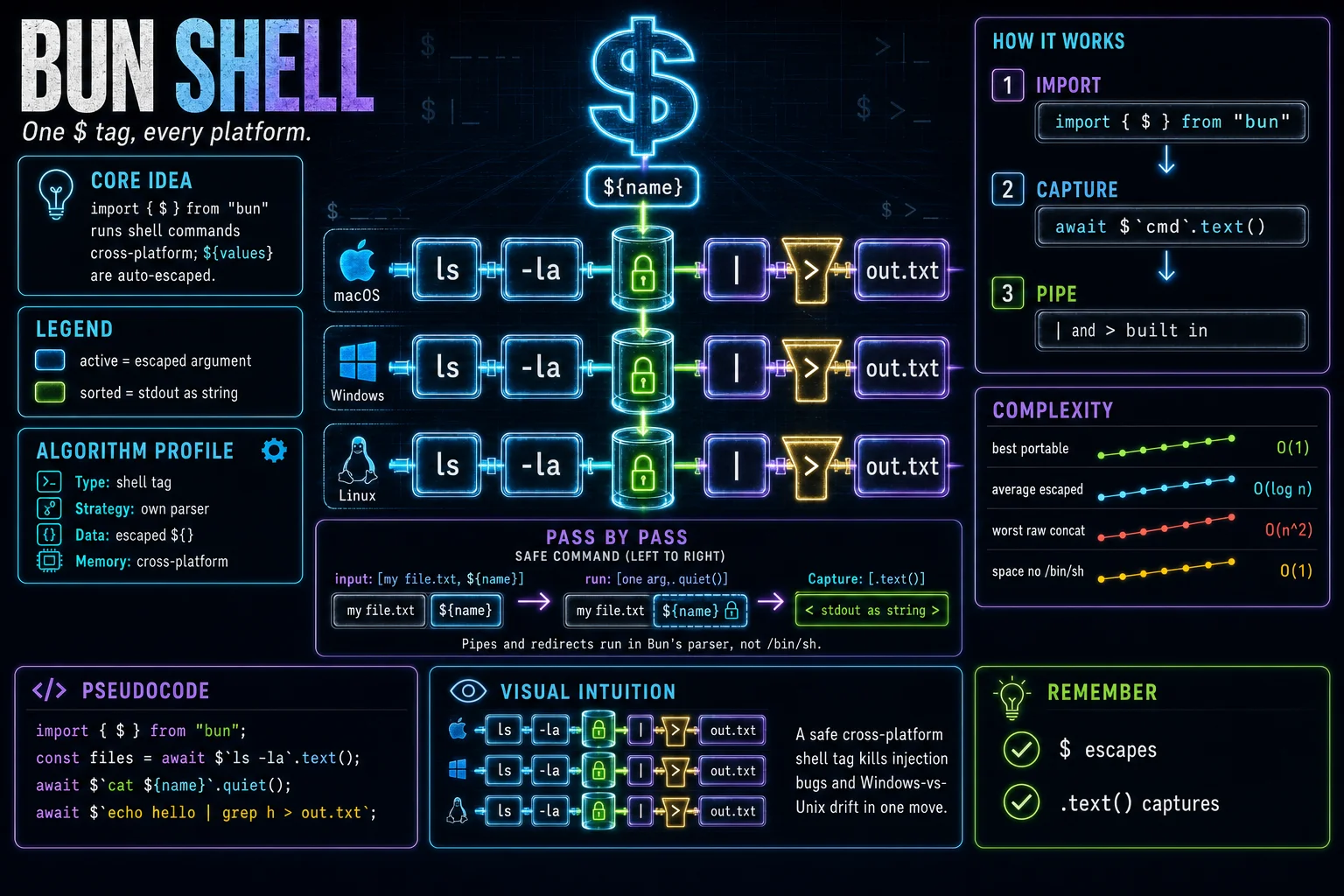 Bun Shell ($) infographic showing the concept, key steps, and tradeoffs.