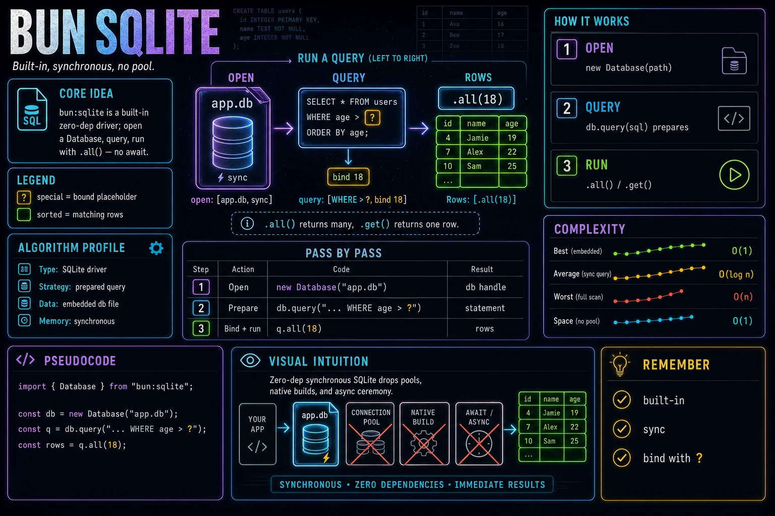 bun:sqlite infographic showing the concept, key steps, and tradeoffs.