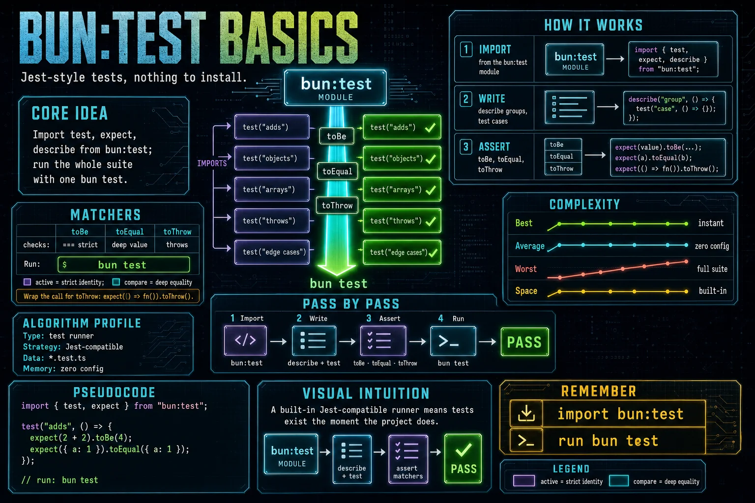 bun:test Basics infographic showing the concept, key steps, and tradeoffs.