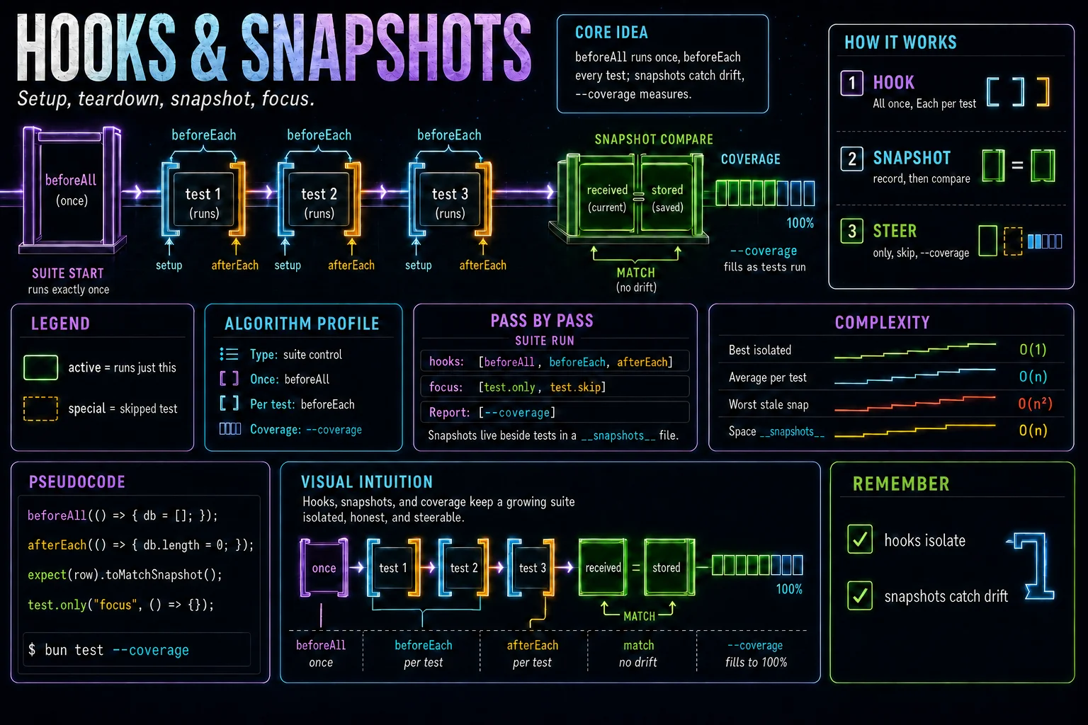 Hooks, Snapshots & Coverage infographic showing the concept, key steps, and tradeoffs.