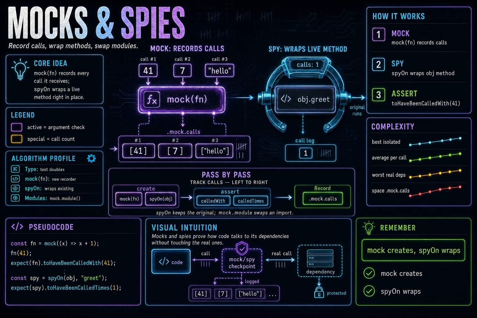 Mocks & Spies infographic showing the concept, key steps, and tradeoffs.
