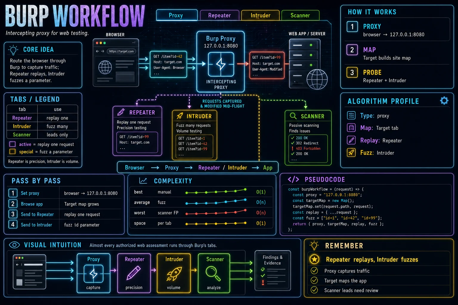Burp Suite Workflow infographic showing the concept, key steps, and tradeoffs.