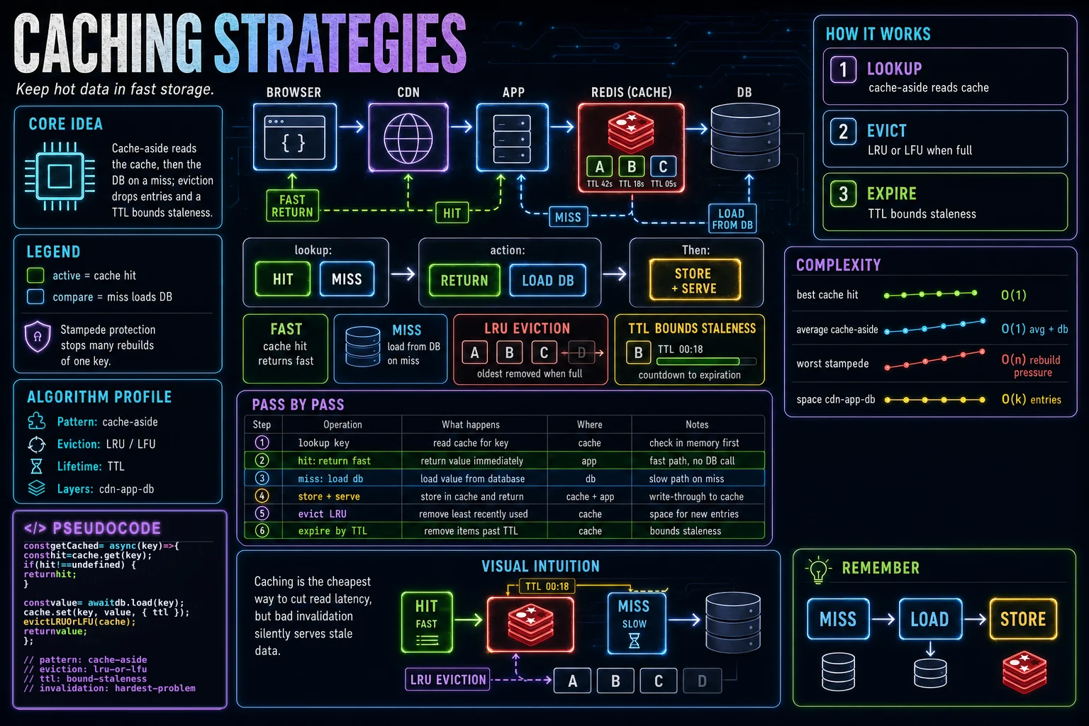 Caching Strategies infographic showing the concept, key steps, and tradeoffs.