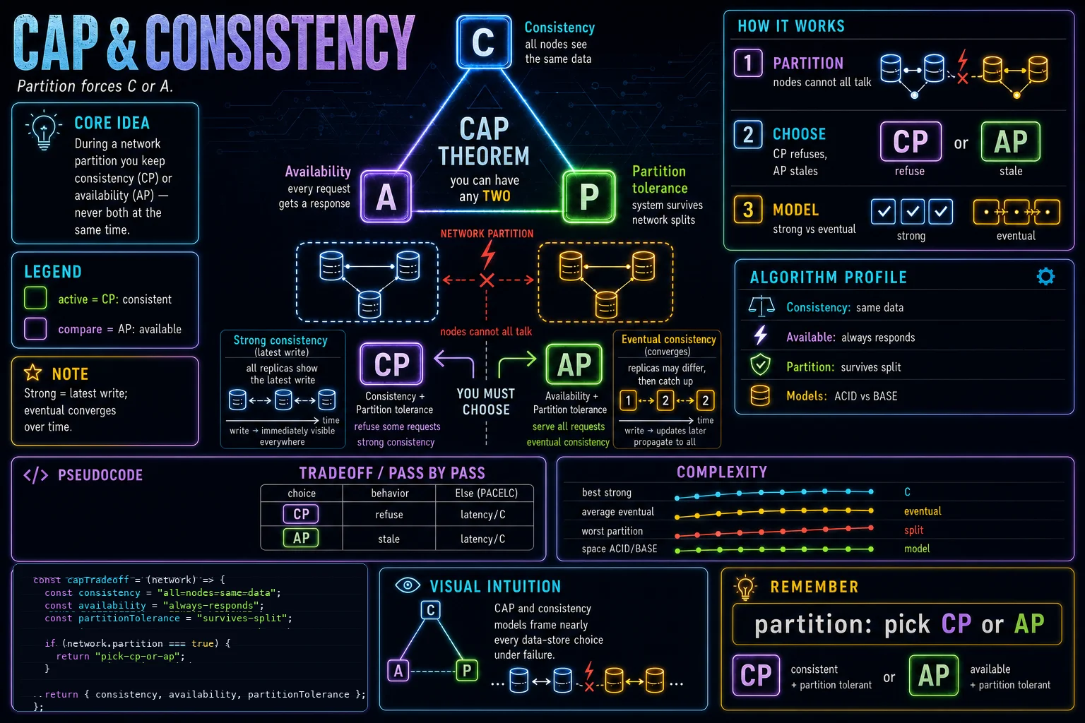 CAP & Consistency infographic showing the concept, key steps, and tradeoffs.