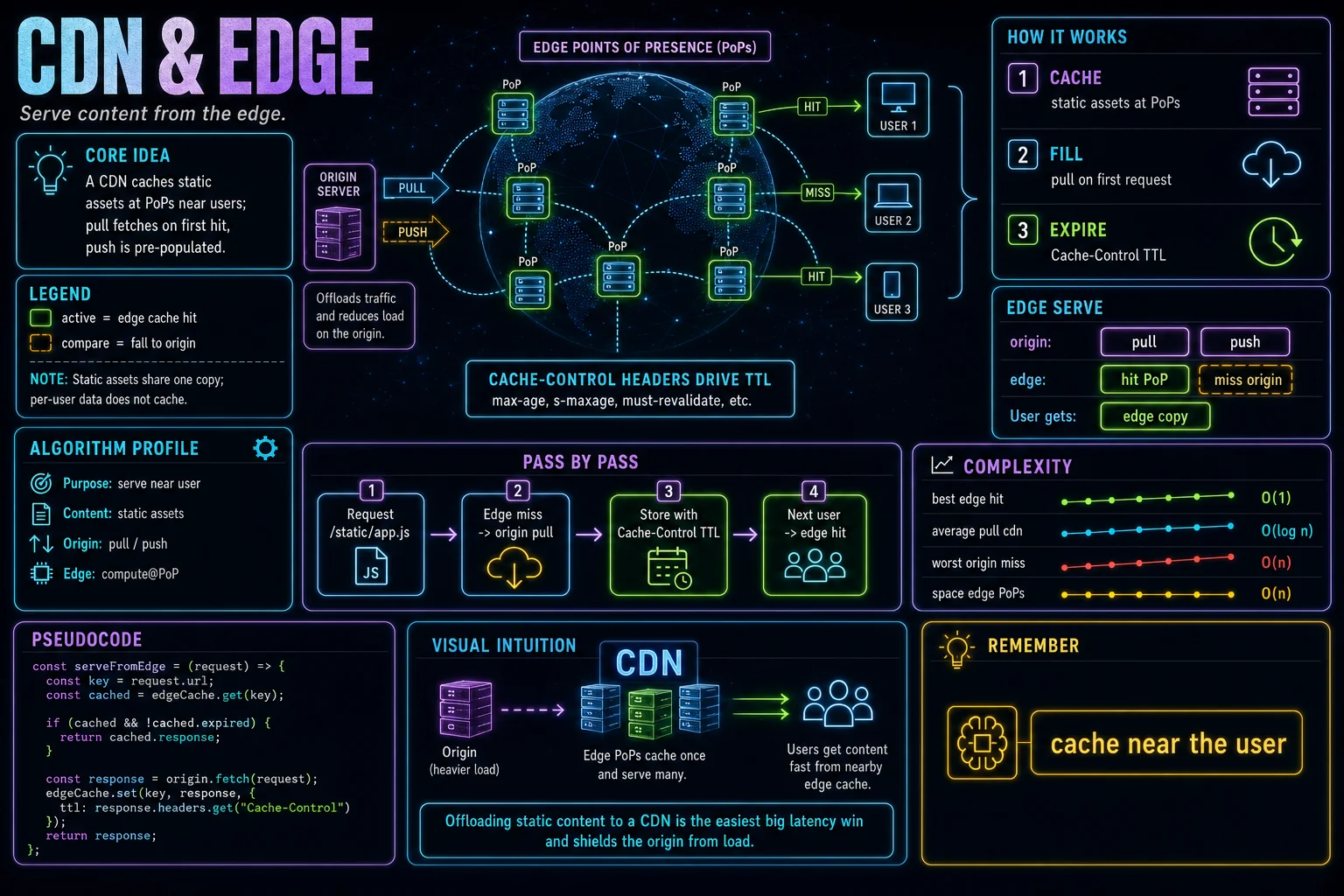 CDN & Edge infographic showing the concept, key steps, and tradeoffs.