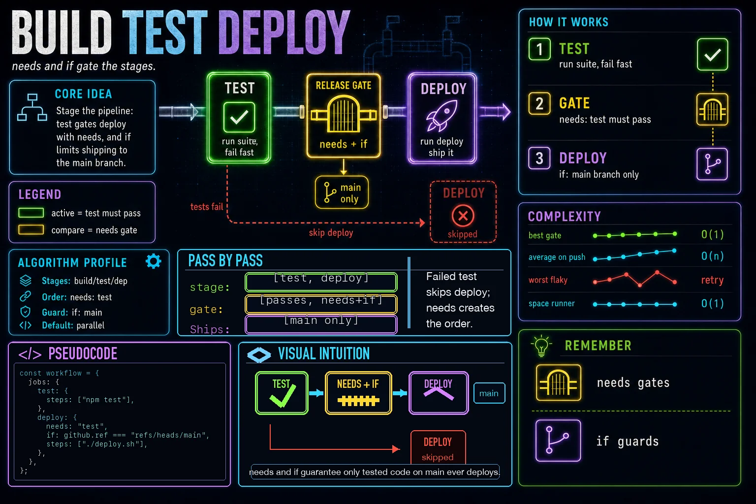Build, Test, Deploy Stages infographic showing the concept, key steps, and tradeoffs.
