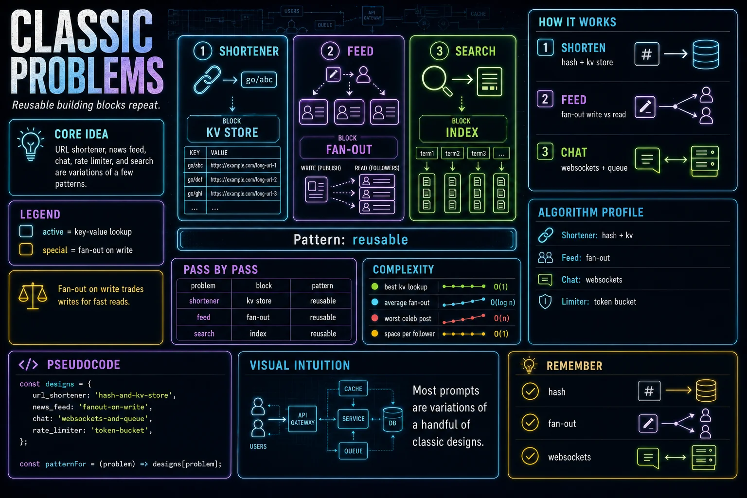 Classic Problems infographic showing the concept, key steps, and tradeoffs.