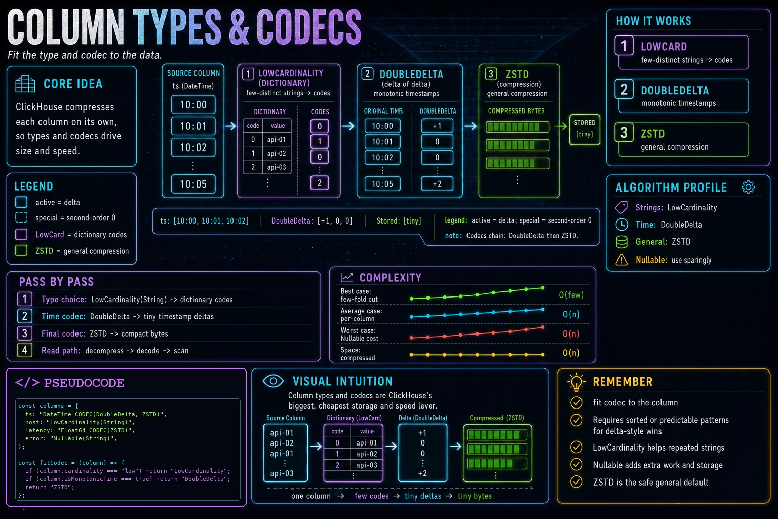 Column Types & Codecs infographic showing the ClickHouse concept, key steps, and tradeoffs.