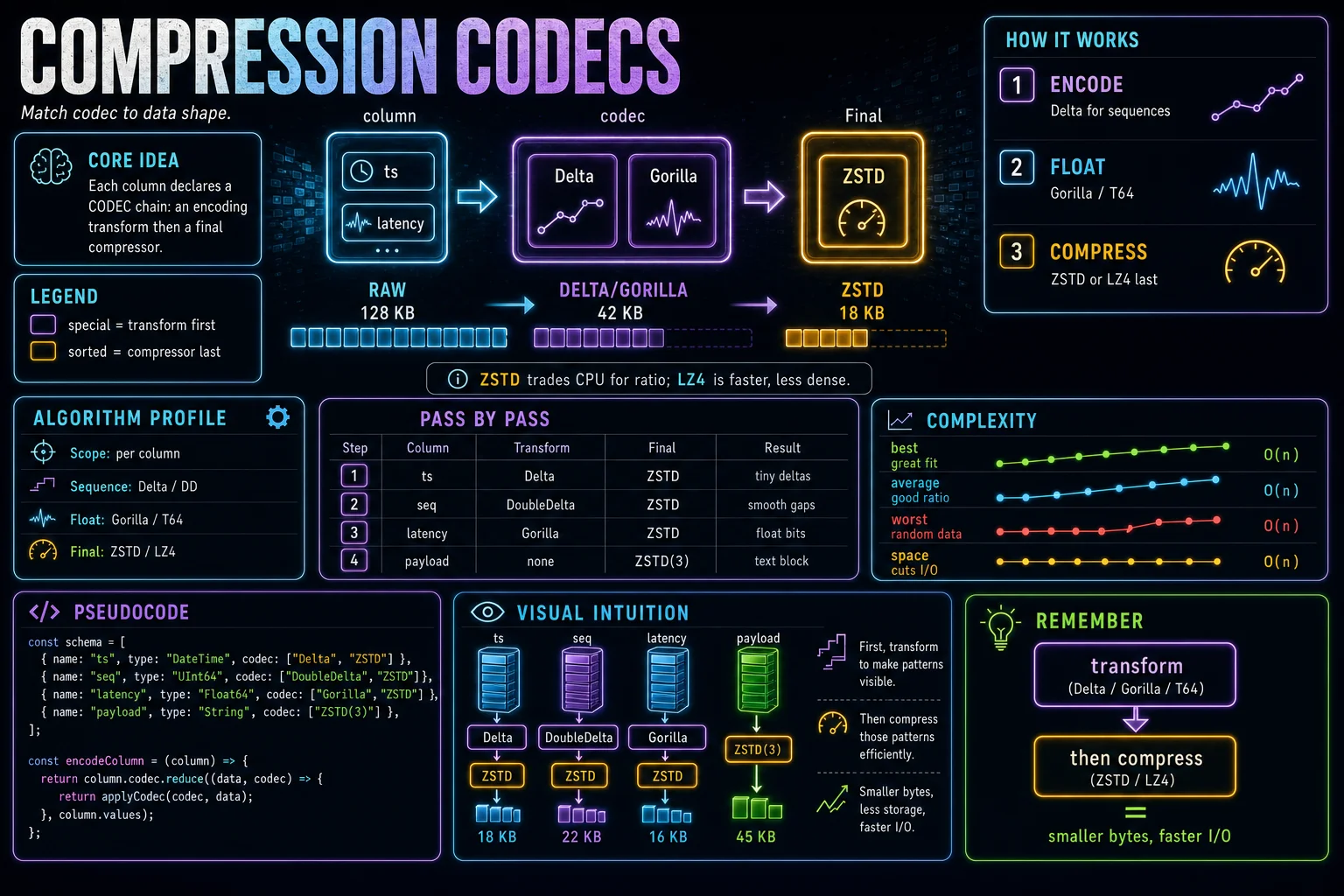 Compression Codecs infographic showing the ClickHouse concept, key steps, and tradeoffs.