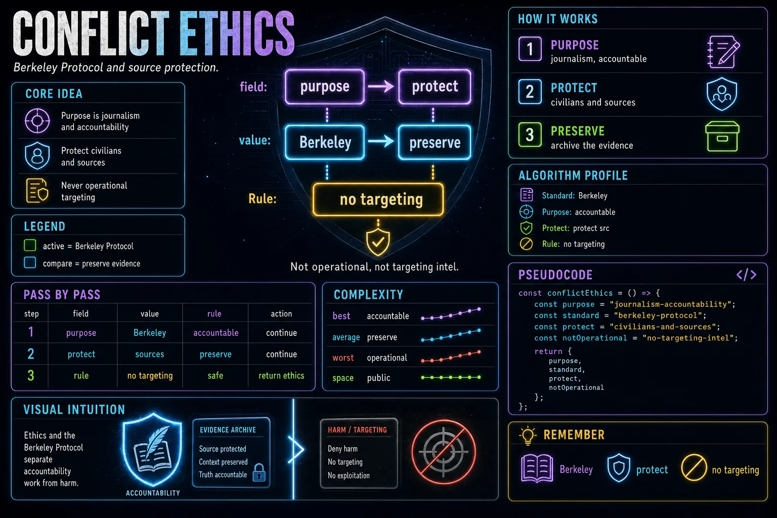 Ethics & Source Protection infographic showing the concept, key steps, and tradeoffs.