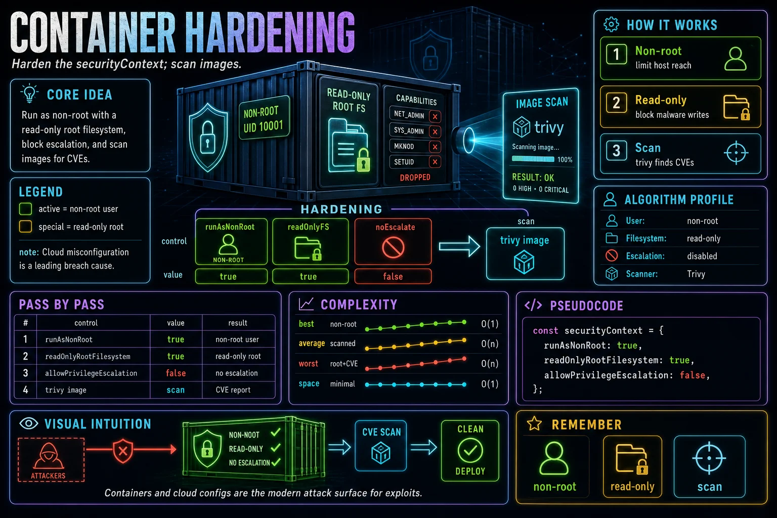 Container & Cloud Hardening infographic showing the concept, key steps, and tradeoffs.