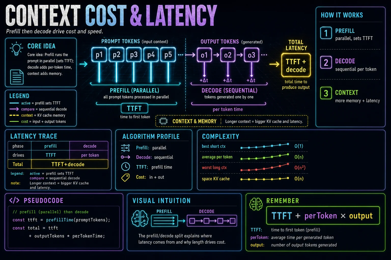 Context, Cost & Latency infographic showing the concept, key steps, and tradeoffs.