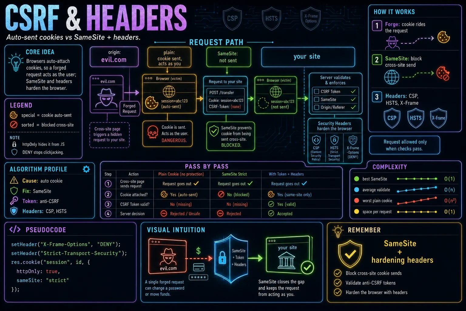 CSRF & Security Headers infographic showing the concept, key steps, and tradeoffs.