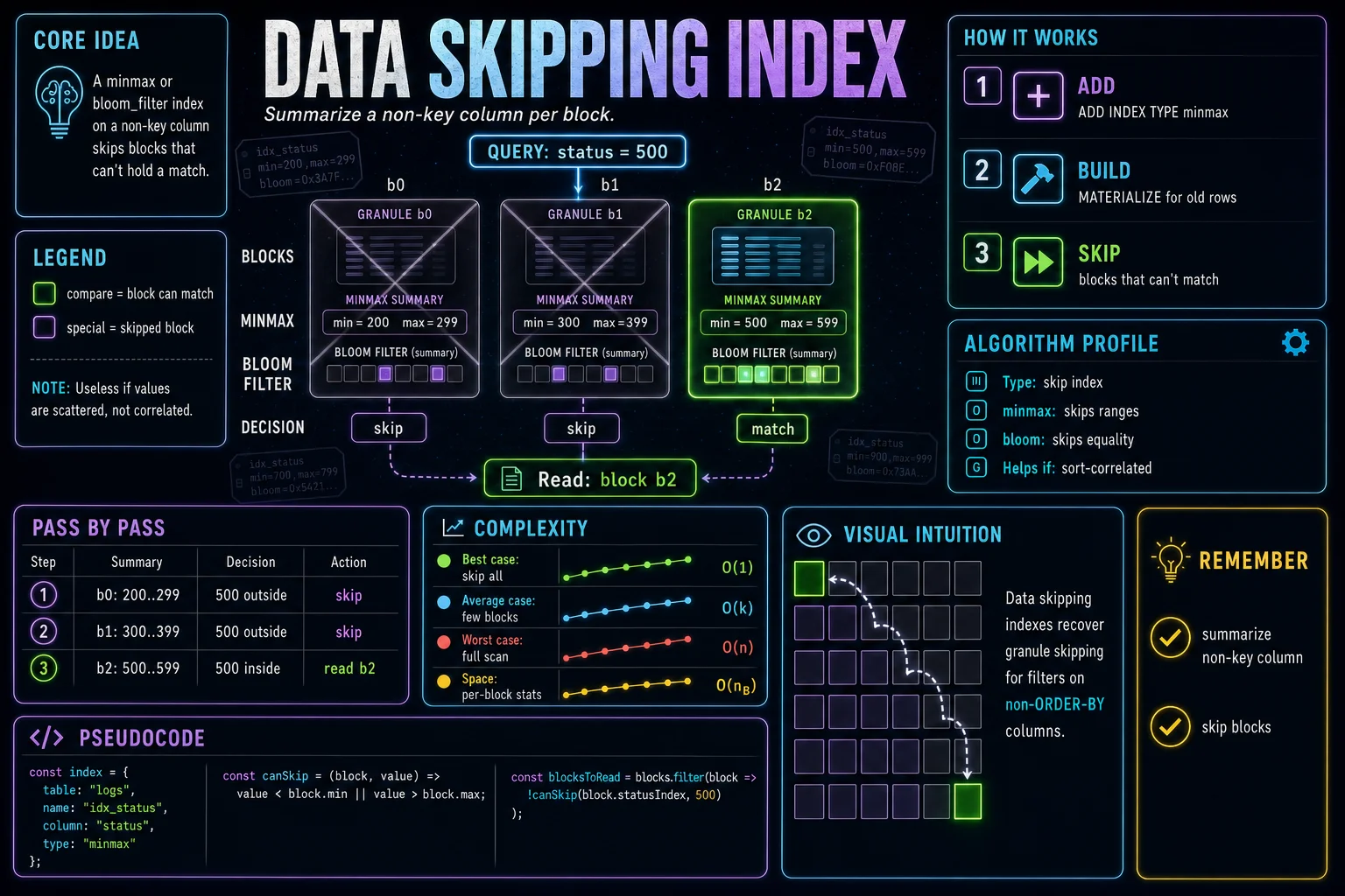 Data Skipping Index infographic showing the ClickHouse concept, key steps, and tradeoffs.
