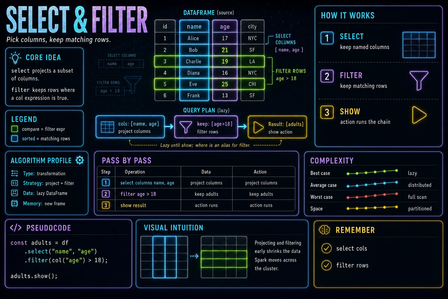 select & filter infographic showing the concept, key steps, and tradeoffs.