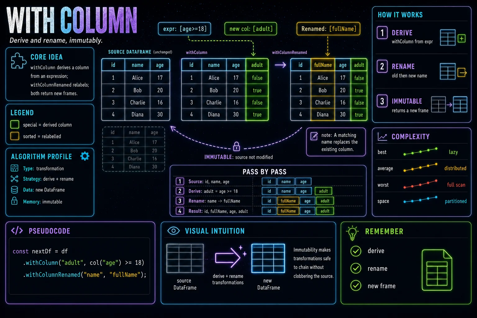 withColumn infographic showing the concept, key steps, and tradeoffs.