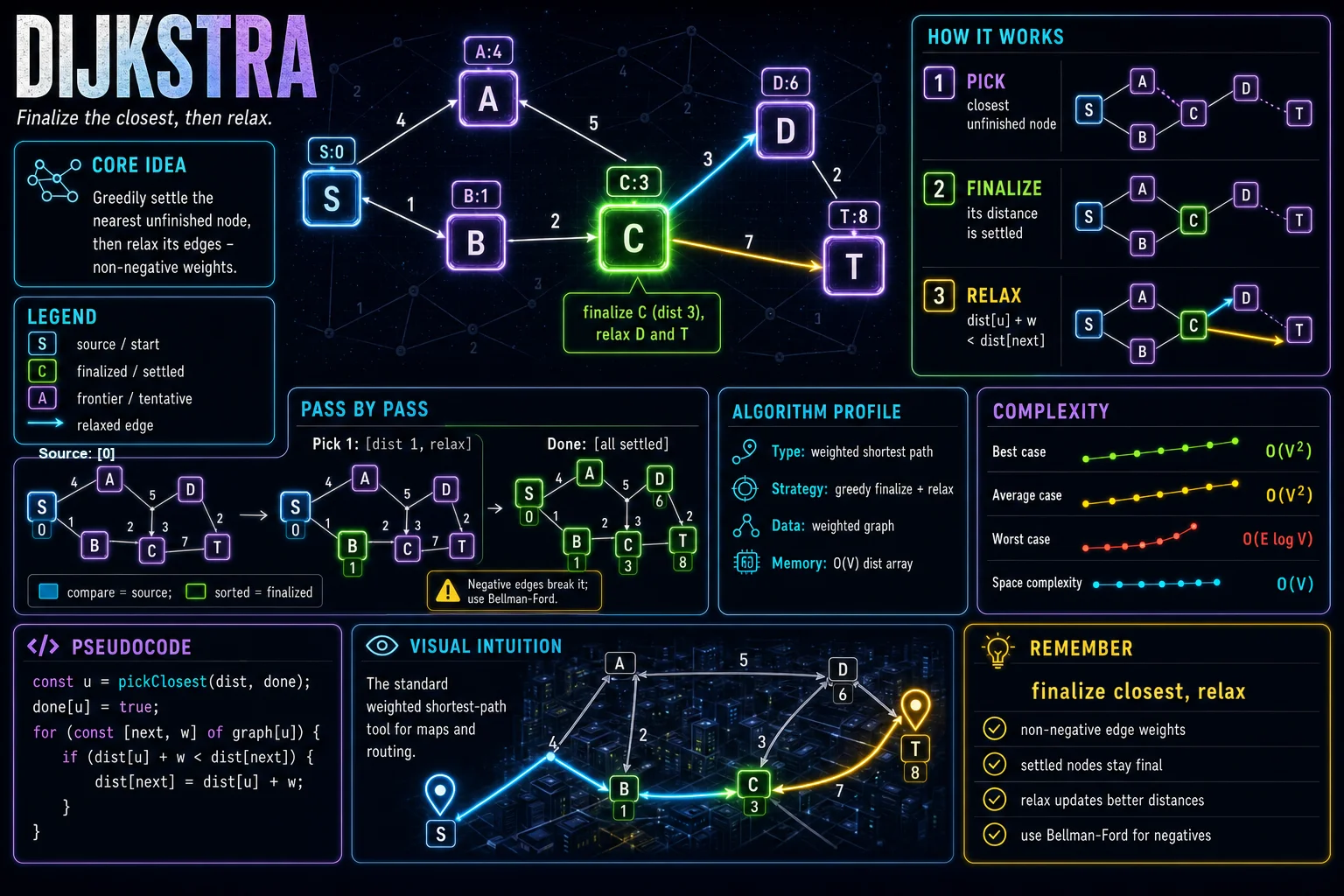 Dijkstra infographic showing the graph traversal idea, key steps, and complexity.