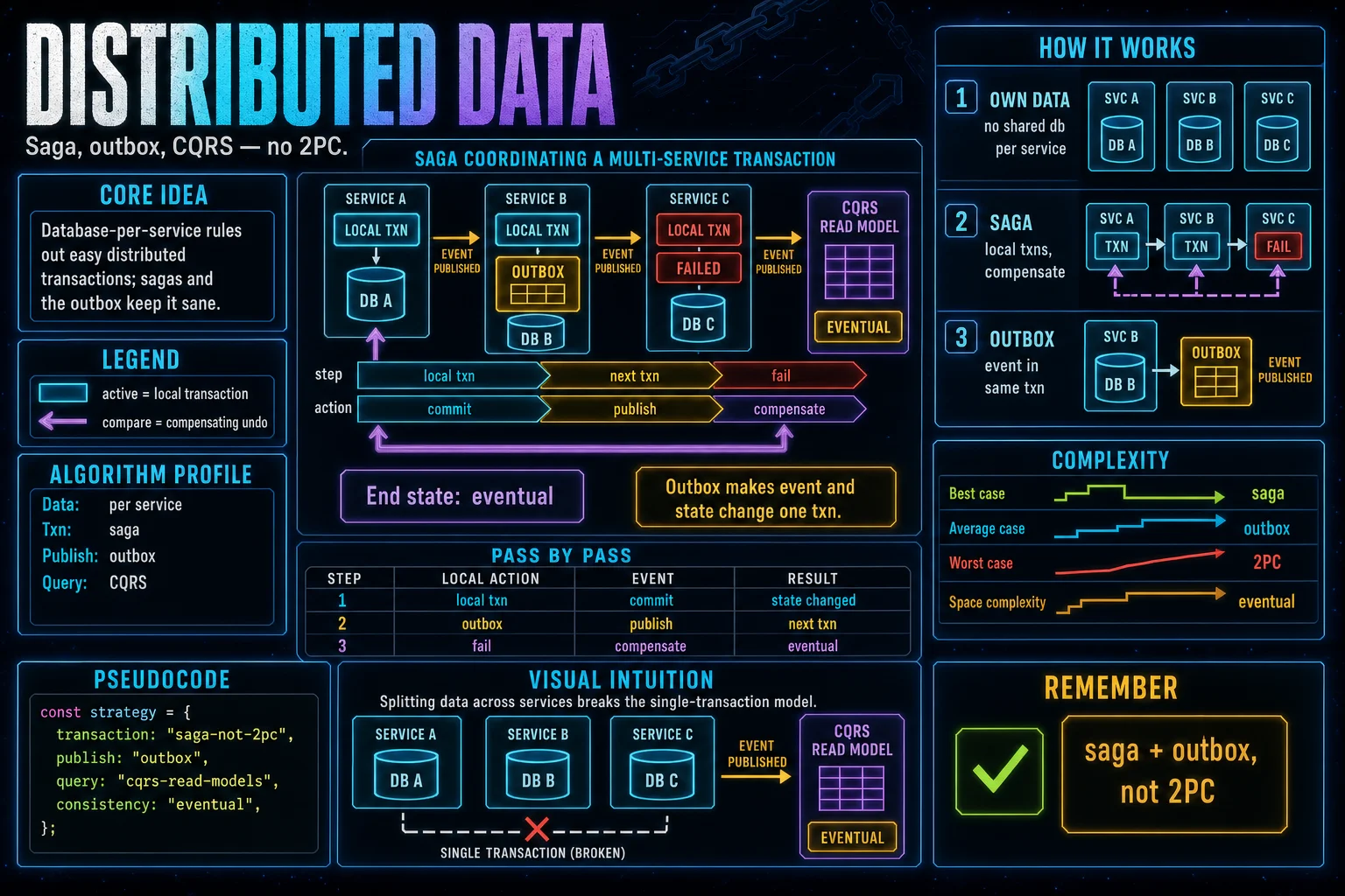 Distributed Data (Saga/Outbox) infographic showing the concept, key steps, and tradeoffs.