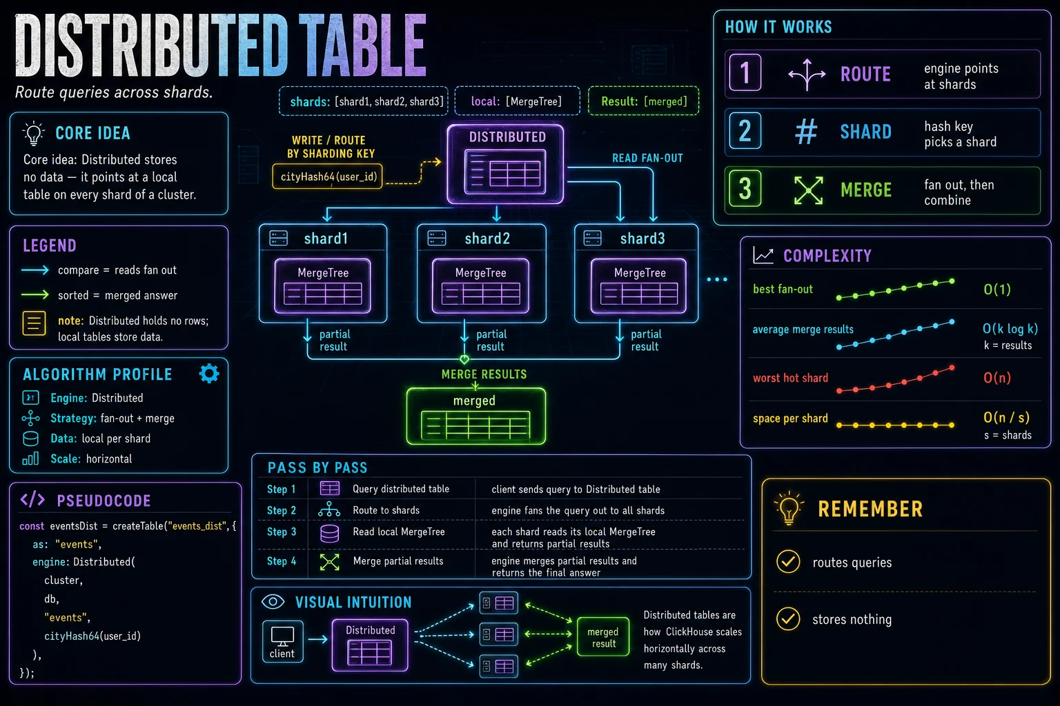 Distributed Table infographic showing the ClickHouse concept, key steps, and tradeoffs.