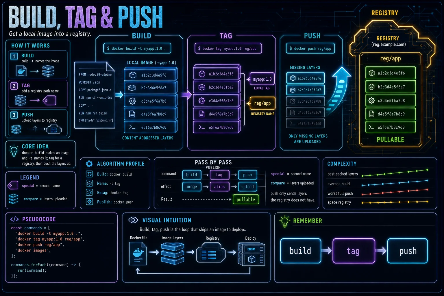 Build, Tag & Push infographic showing the concept, key steps, and tradeoffs.